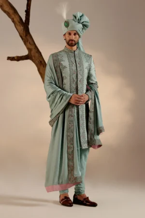 JM_SS23_SHS-151_1 Royal Green Embroidered Sherwani Set with Dupatta & Safa