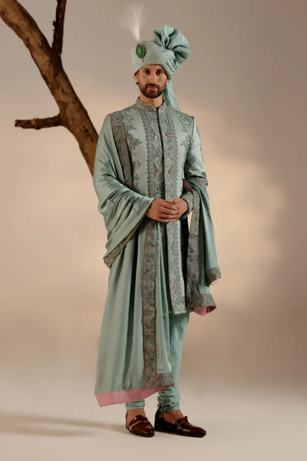 Royal Green Embroidered Sherwani Set with Dupatta & Safa